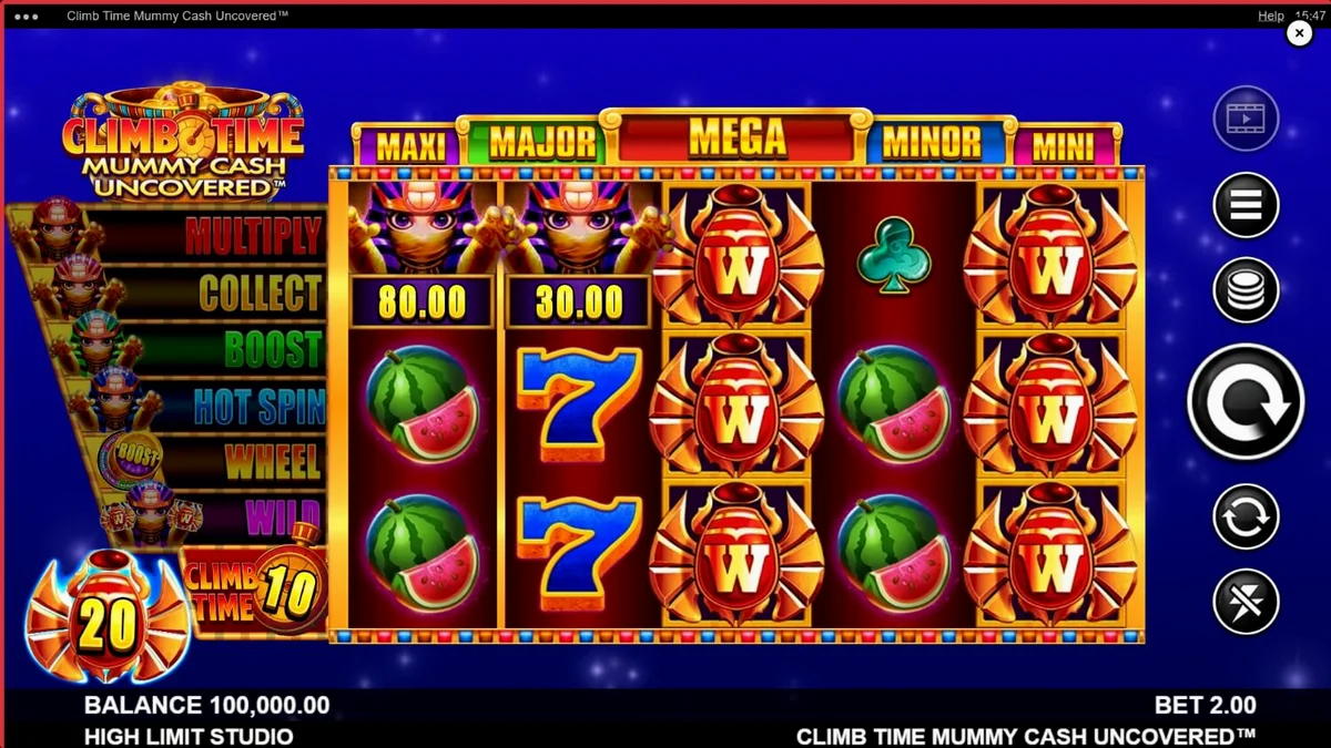 Tampilan visual slot Climb Time Mummy Cash Uncovered dengan latar belakang langit malam Mesir yang megah