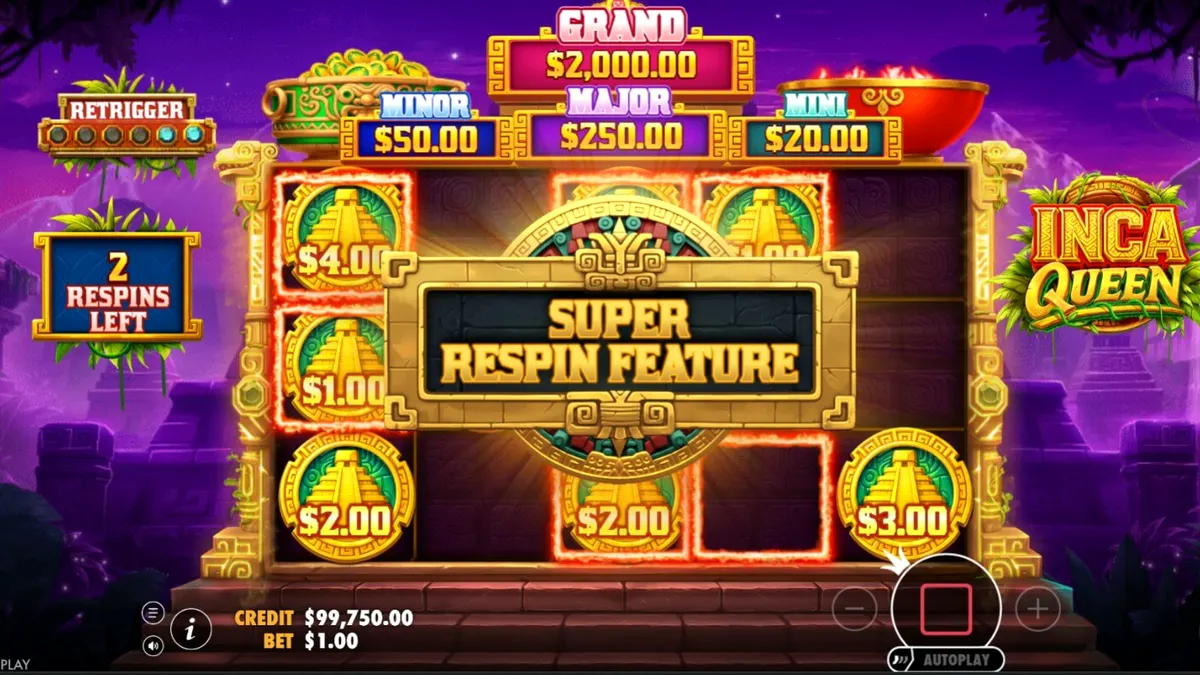 Tampilan visual mesin slot Inca Queen dengan latar belakang kuil dan pegunungan.