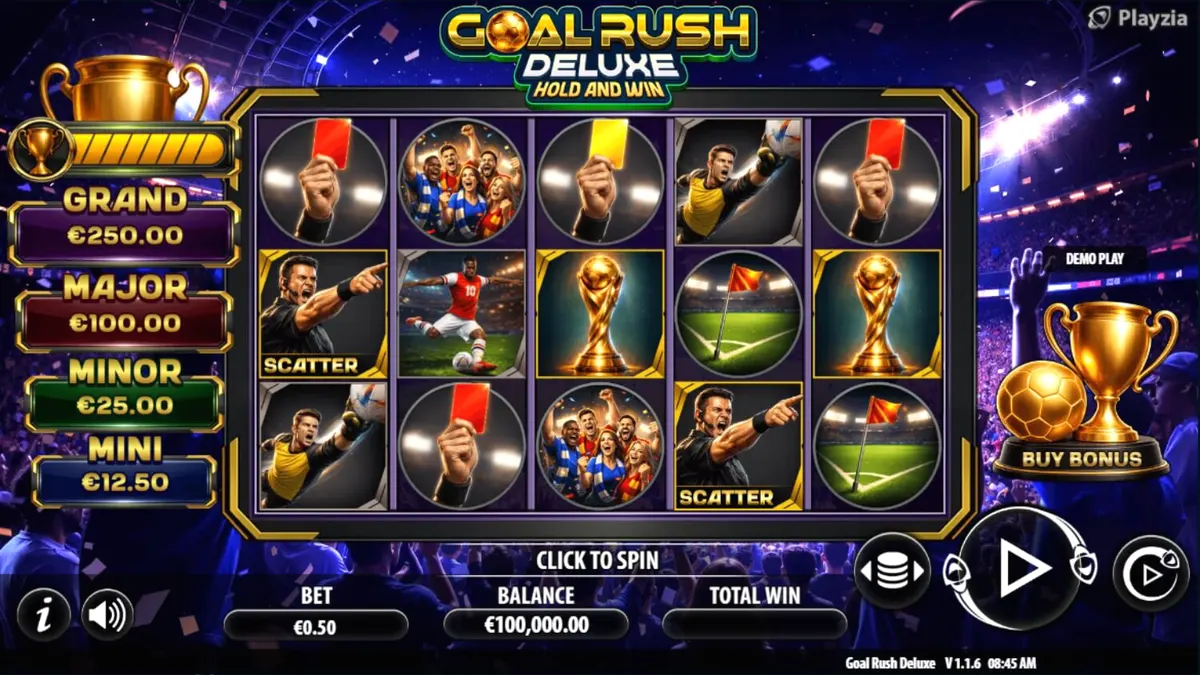 Tampilan visual slot Goal Rush Deluxe Hold and Win dengan latar belakang stadion sepak bola yang megah.