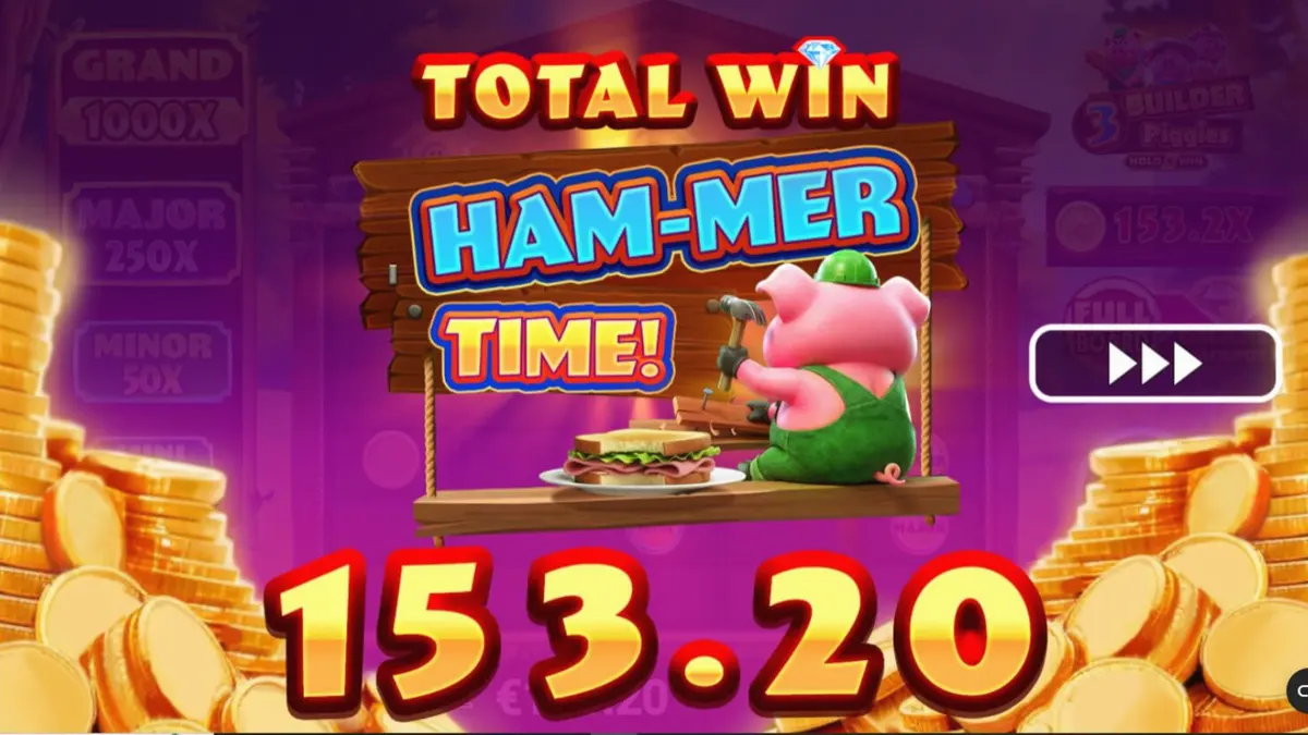 Tampilan visual slot 3 Builder Piggies dengan karakter babi dan serigala
